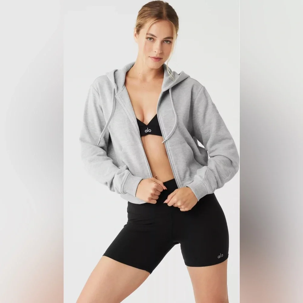 ALO Yoga Routine Cropped Zip Hoodie Jacket in Athletic Heather Grey - Picture 1 of 13